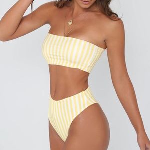 Retro High Waisted Yellow and White Bandeau Bikini